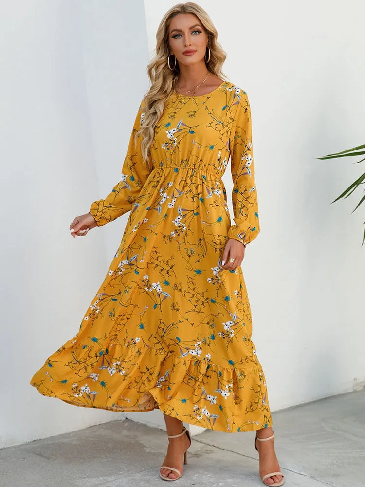 Women Floral Print Dress Spring Summer Casual O Neck Long Sleeve Chiffon A Line Long Maxi Dress - WD8066