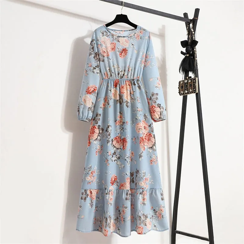 Women Floral Print Dress Spring Summer Casual O Neck Long Sleeve Chiffon A Line Long Maxi Dress - WD8066