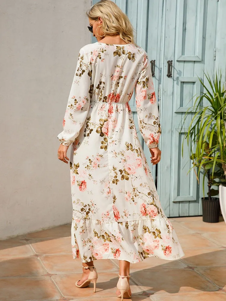 Women Floral Print Dress Spring Summer Casual O Neck Long Sleeve Chiffon A Line Long Maxi Dress - WD8066