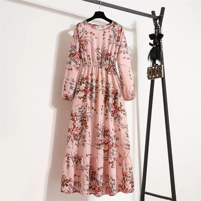 Women Floral Print Dress Spring Summer Casual O Neck Long Sleeve Chiffon A Line Long Maxi Dress - WD8066