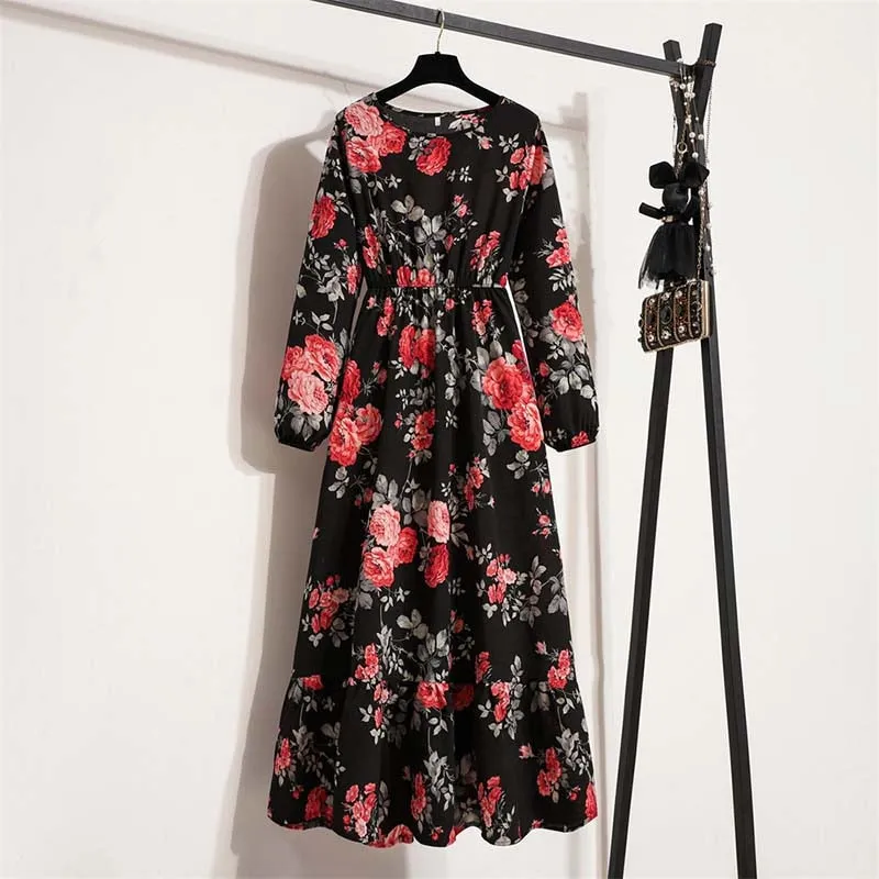 Women Floral Print Dress Spring Summer Casual O Neck Long Sleeve Chiffon A Line Long Maxi Dress - WD8066