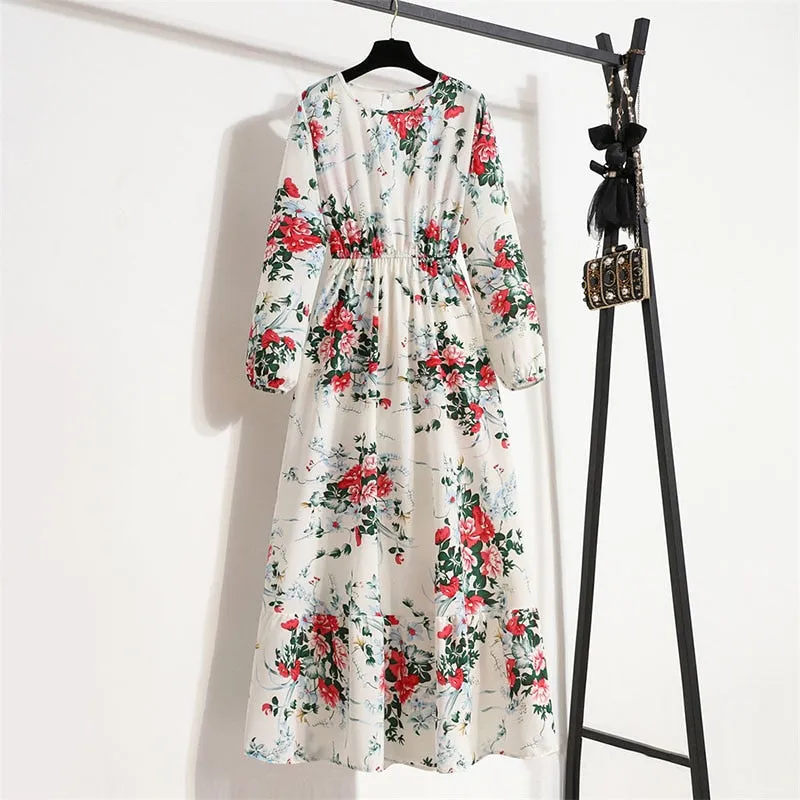 Women Floral Print Dress Spring Summer Casual O Neck Long Sleeve Chiffon A Line Long Maxi Dress - WD8066