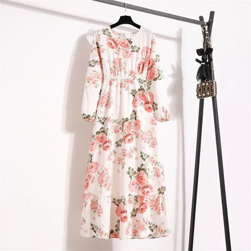 Women Floral Print Dress Spring Summer Casual O Neck Long Sleeve Chiffon A Line Long Maxi Dress - WD8066