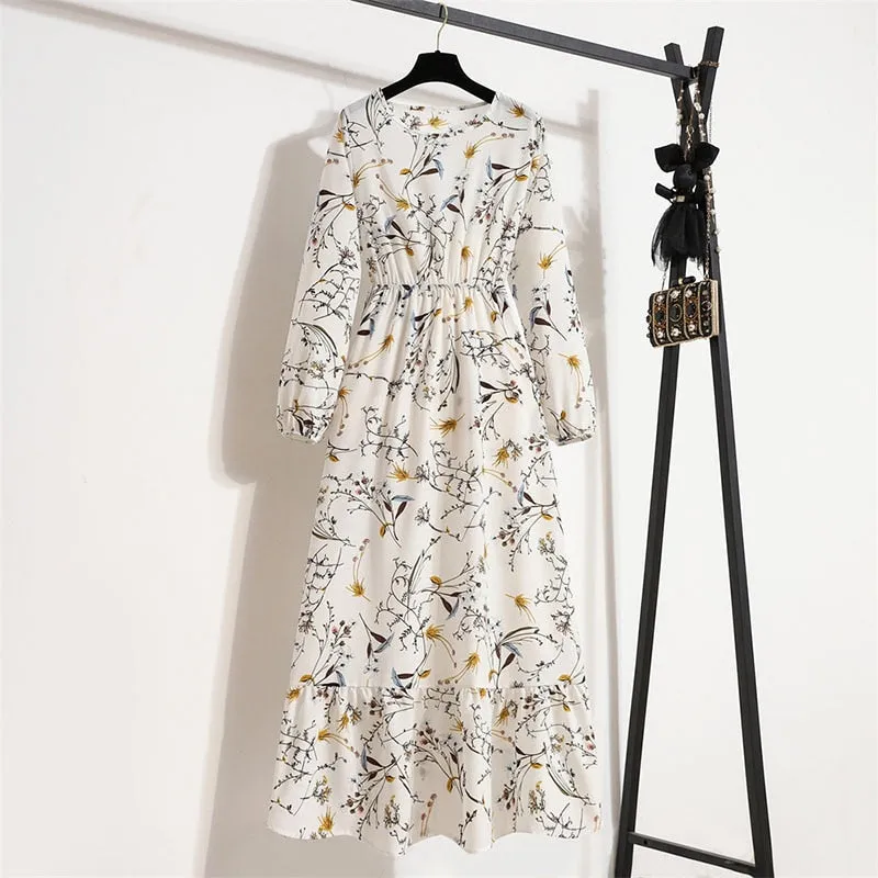 Women Floral Print Dress Spring Summer Casual O Neck Long Sleeve Chiffon A Line Long Maxi Dress - WD8066