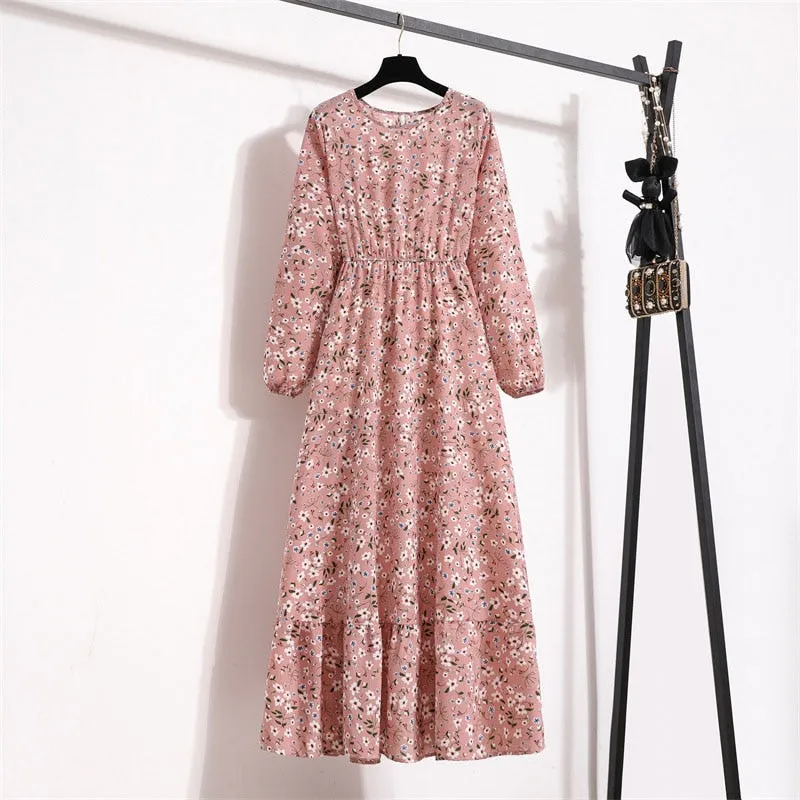 Women Floral Print Dress Spring Summer Casual O Neck Long Sleeve Chiffon A Line Long Maxi Dress - WD8066