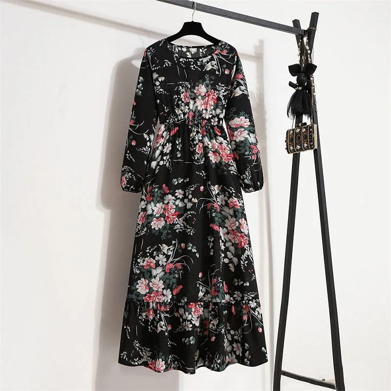 Women Floral Print Dress Spring Summer Casual O Neck Long Sleeve Chiffon A Line Long Maxi Dress - WD8066