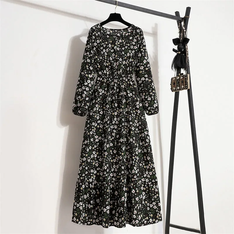 Women Floral Print Dress Spring Summer Casual O Neck Long Sleeve Chiffon A Line Long Maxi Dress - WD8066