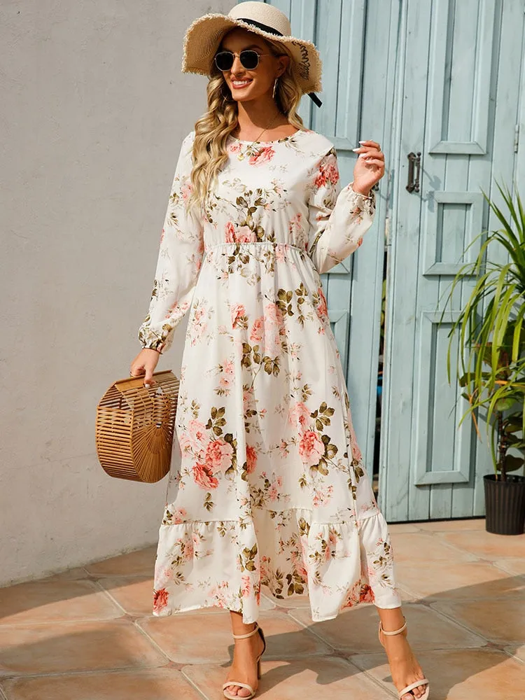 Women Floral Print Dress Spring Summer Casual O Neck Long Sleeve Chiffon A Line Long Maxi Dress - WD8066