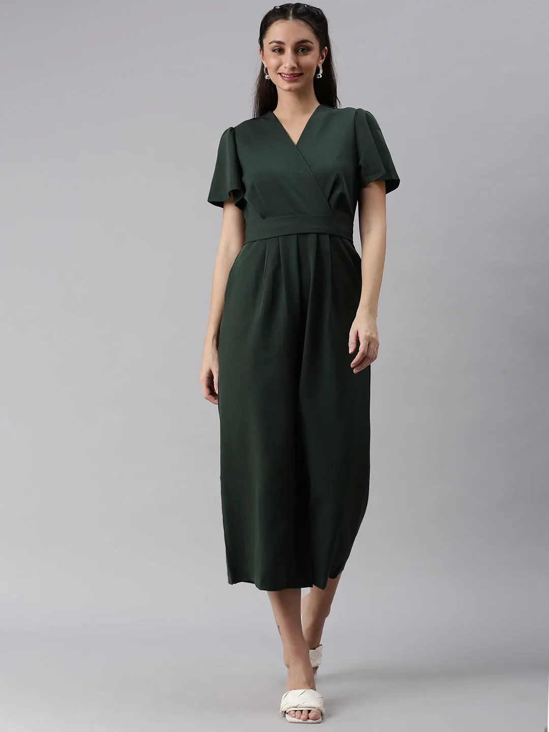 Women V-Neck Solid Green Basic Jumpsuit