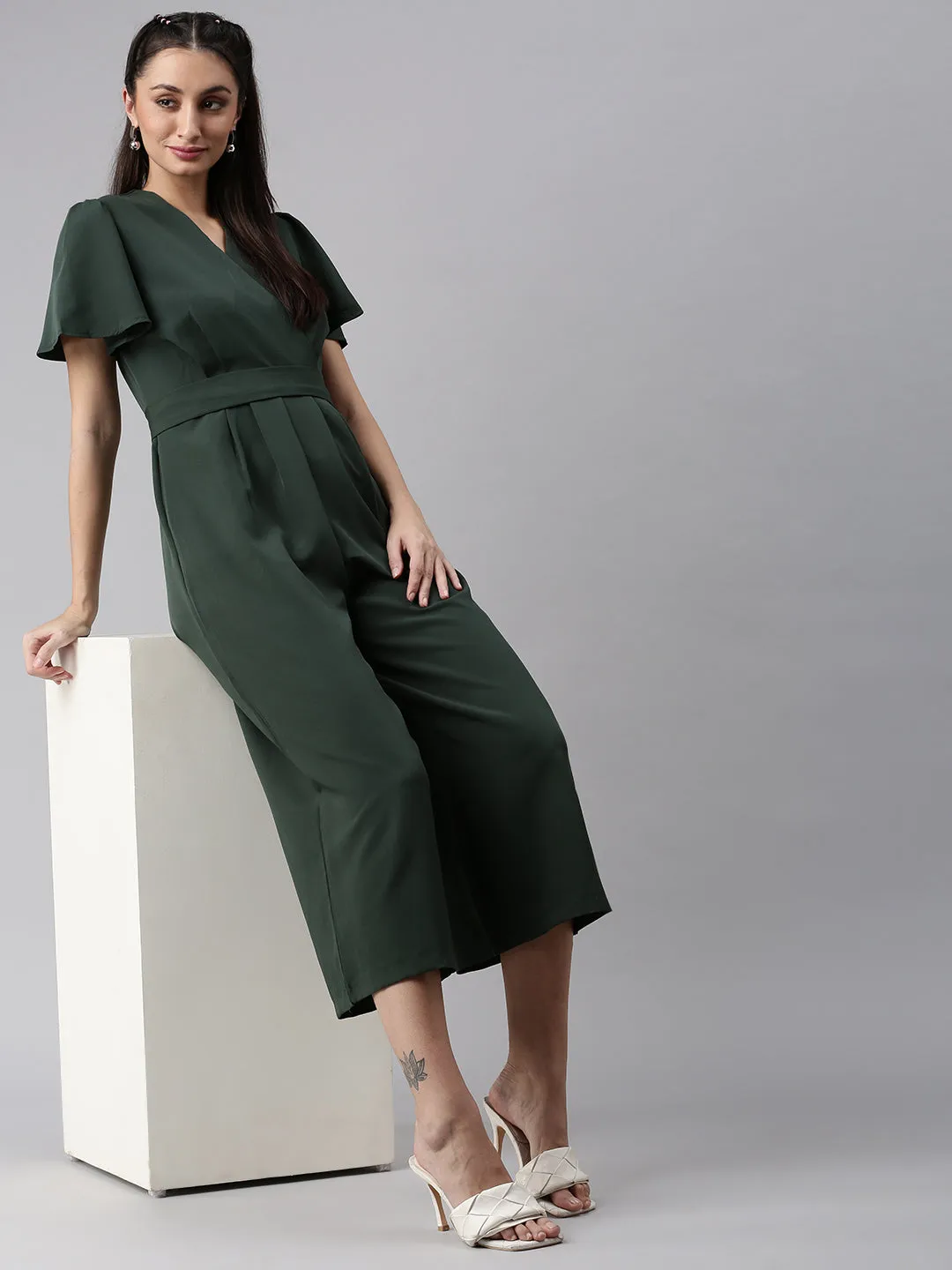 Women V-Neck Solid Green Basic Jumpsuit