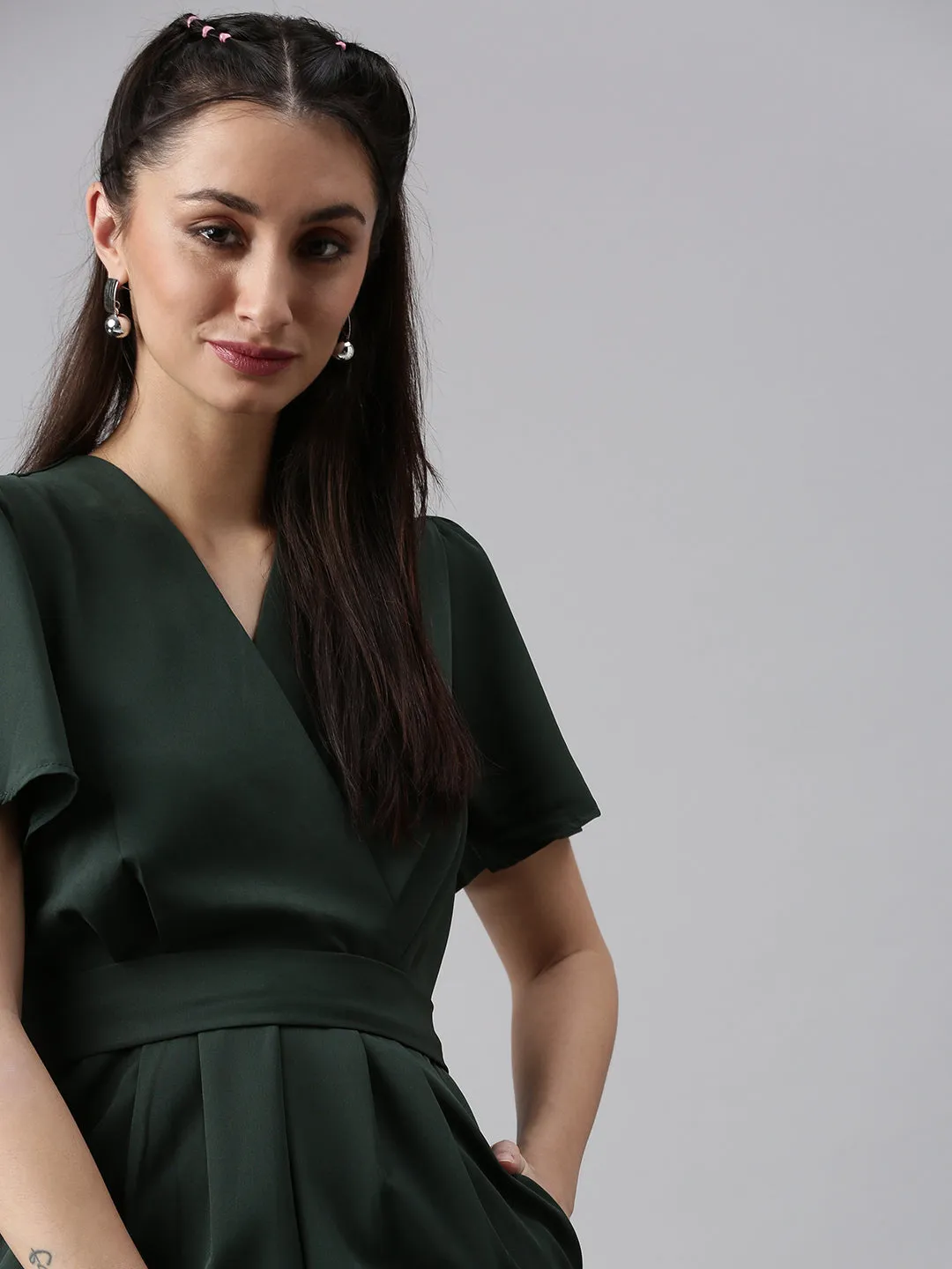 Women V-Neck Solid Green Basic Jumpsuit