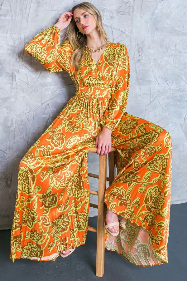 Women's Flying Tomato Printed Orange & Brown Baroque Satin Jumpsuit