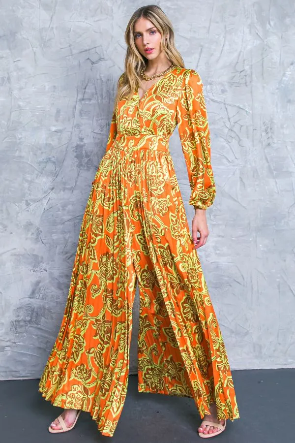 Women's Flying Tomato Printed Orange & Brown Baroque Satin Jumpsuit