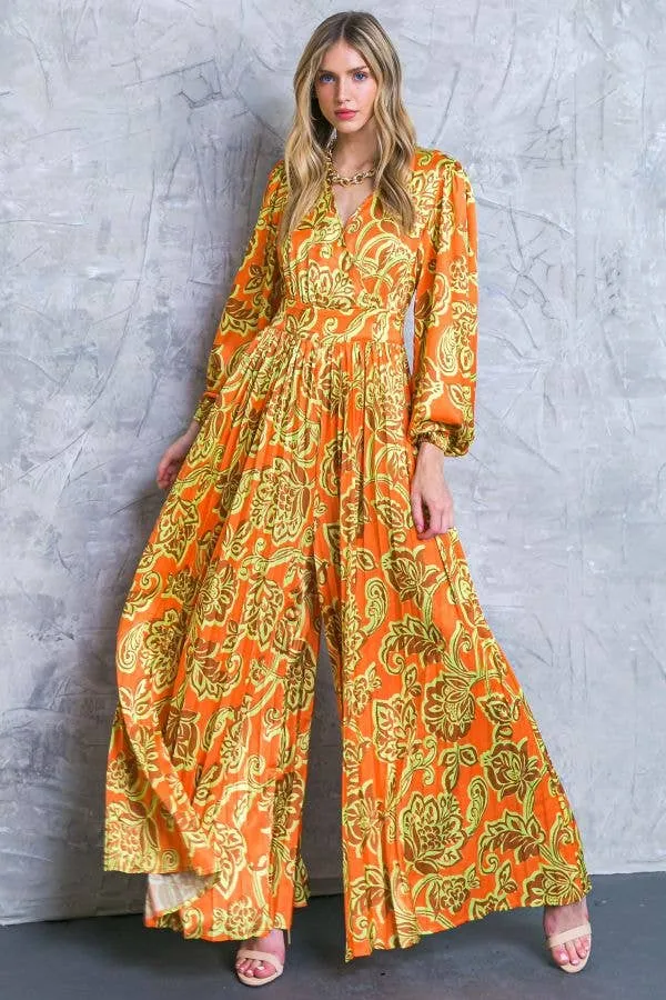 Women's Flying Tomato Printed Orange & Brown Baroque Satin Jumpsuit