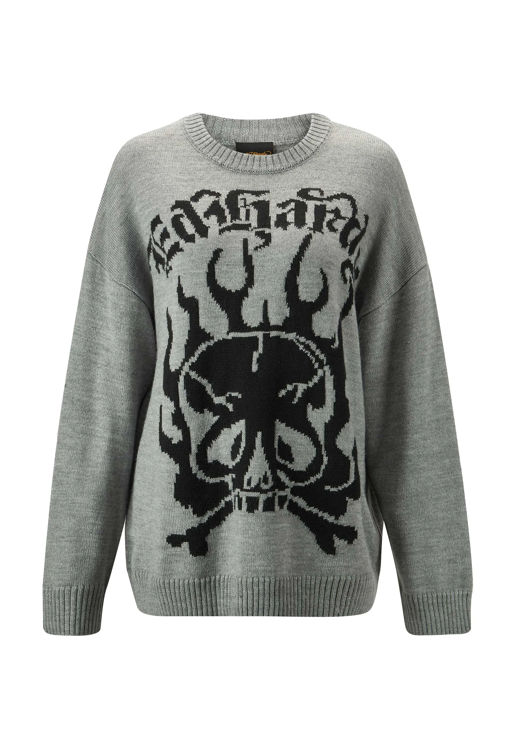 Womens Skull In Flames Jaquard Knitted Jumper - Grey/Black