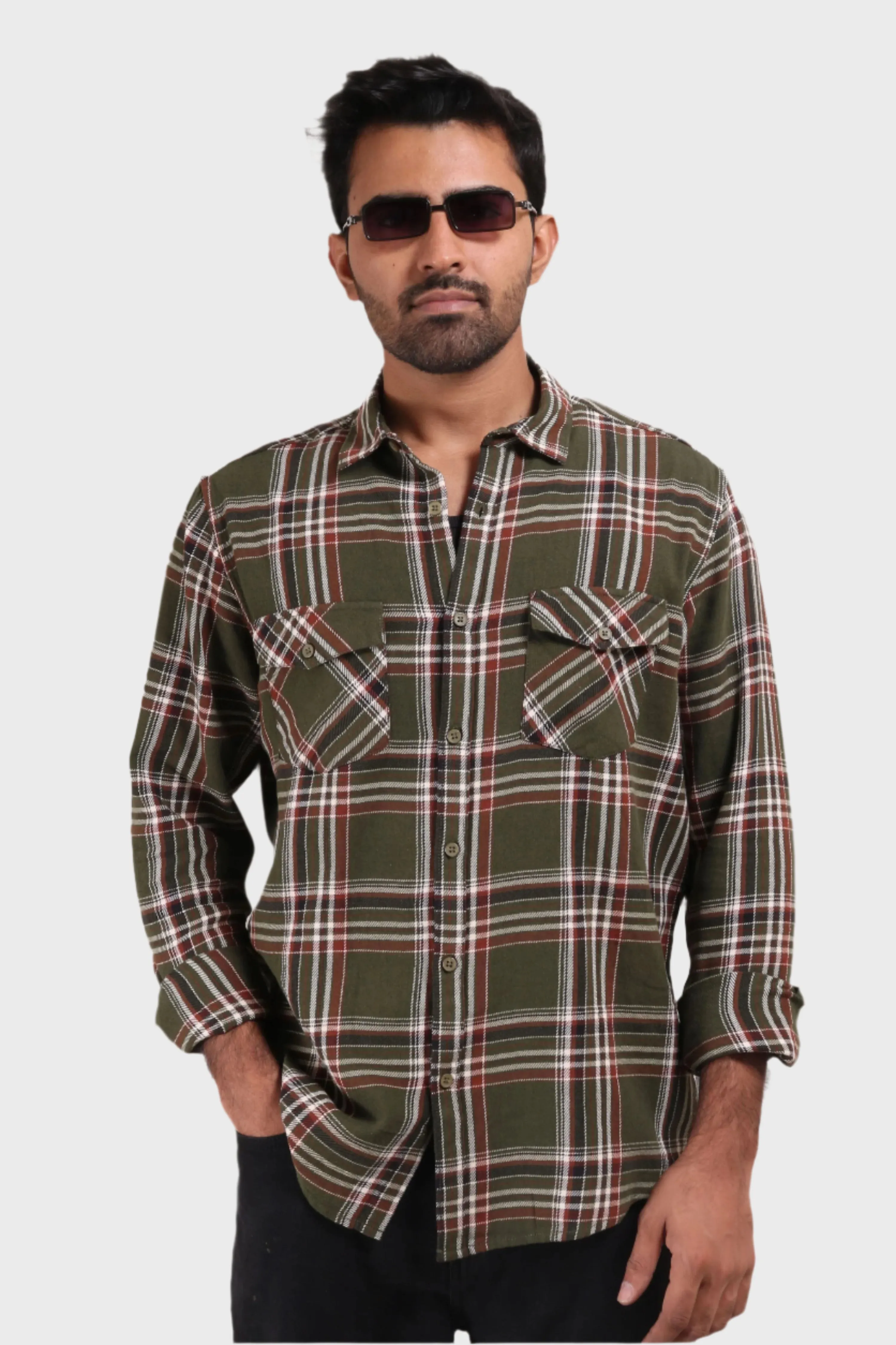 XKIND MENS'S OLIVE GREEN TEXTURED CHECKS REGULAR FIT SHIRT