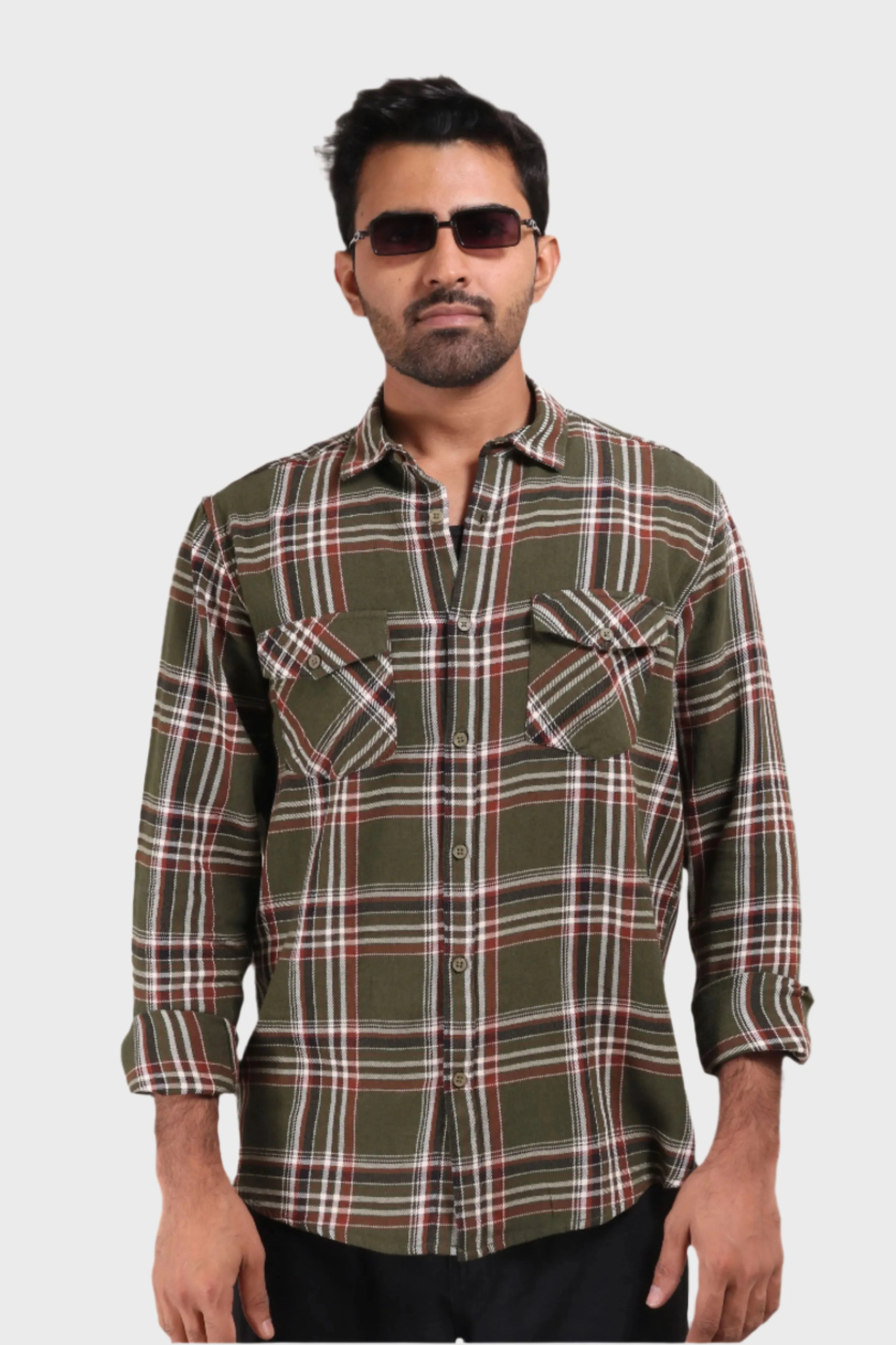 XKIND MENS'S OLIVE GREEN TEXTURED CHECKS REGULAR FIT SHIRT