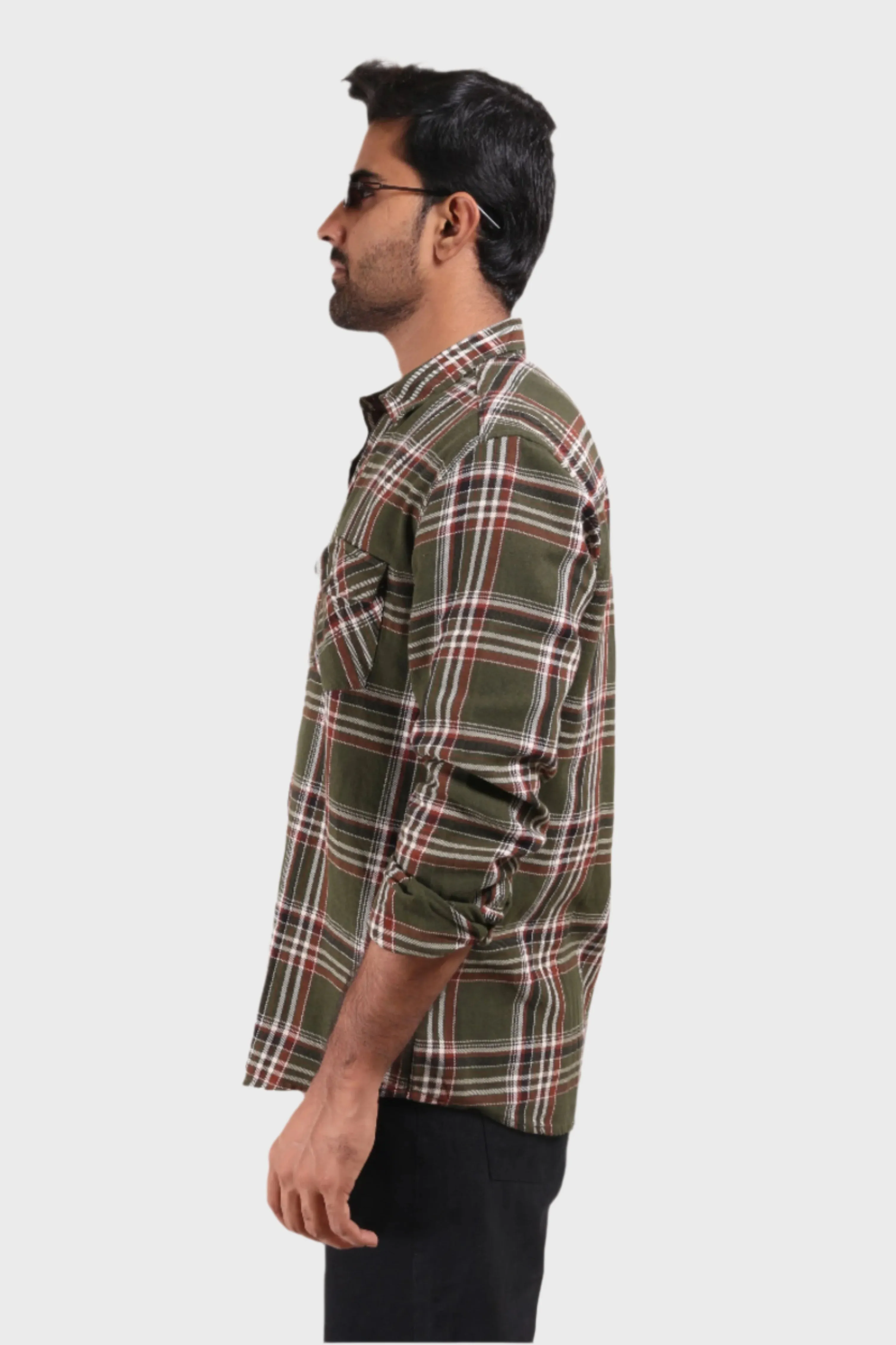 XKIND MENS'S OLIVE GREEN TEXTURED CHECKS REGULAR FIT SHIRT